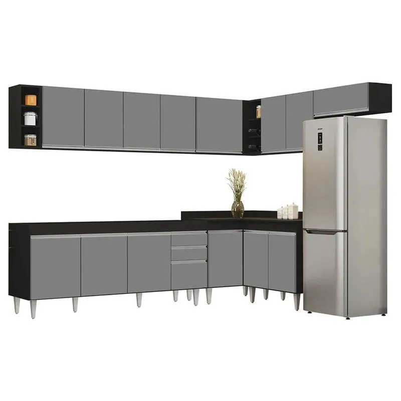 Armário De Cozinha Modulado De Canto 8 Peças Cp25 Balcão Sem Tampo Preto/cinza - Lumil
