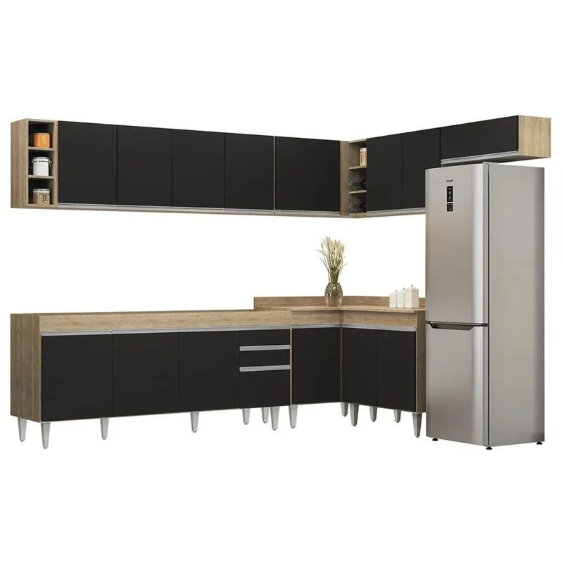 Armário De Cozinha Modulado De Canto 8 Peças Cp25 Balcão Sem Tampo Castanho/preto - Lumil