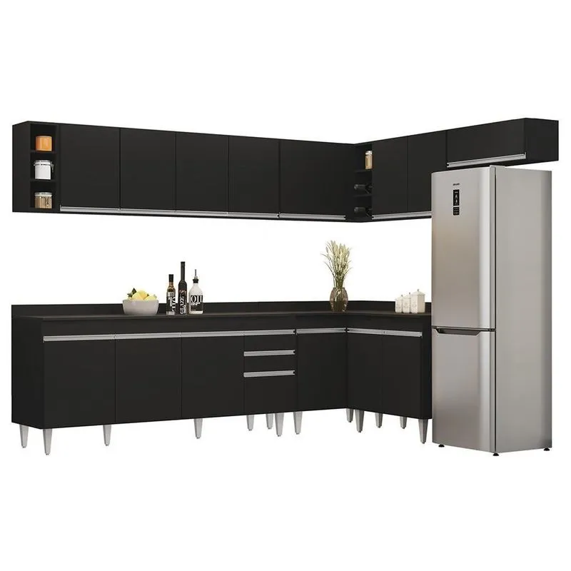Armário De Cozinha Modulado De Canto 8 Peças Cp26 Balcão Com Tampo Preto - Lumil