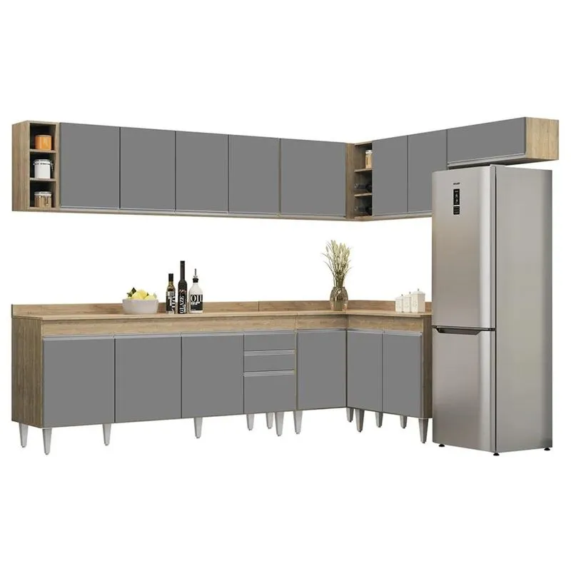 Armário De Cozinha Modulado De Canto 8 Peças Cp26 Balcão Com Tampo Castanho/cinza - Lumil