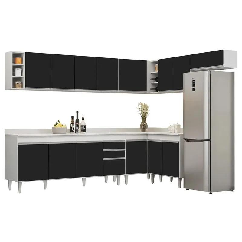 Armário De Cozinha Modulado De Canto 8 Peças Cp26 Balcão Com Tampo Branco/Preto - Lumil