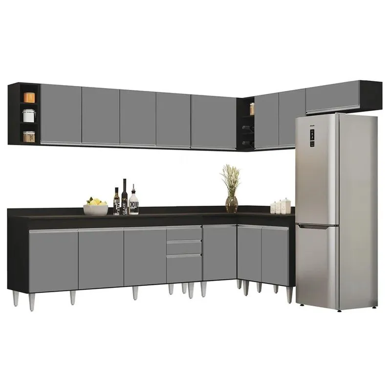 Armário De Cozinha Modulado De Canto 8 Peças Cp26 Balcão Com Tampo Preto/Cinza - Lumil