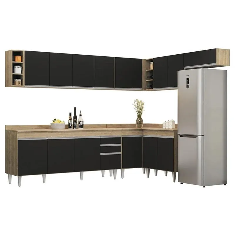 Armário De Cozinha Modulado De Canto 8 Peças Cp26 Balcão Com Tampo Castanho/preto - Lumil
