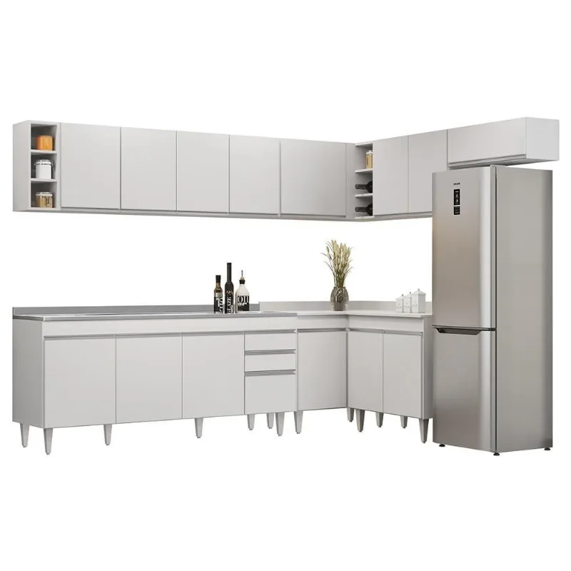 Armário De Cozinha Modulado De Canto 8 Peças Cp27 Com Pia Inox Branco - Lumil