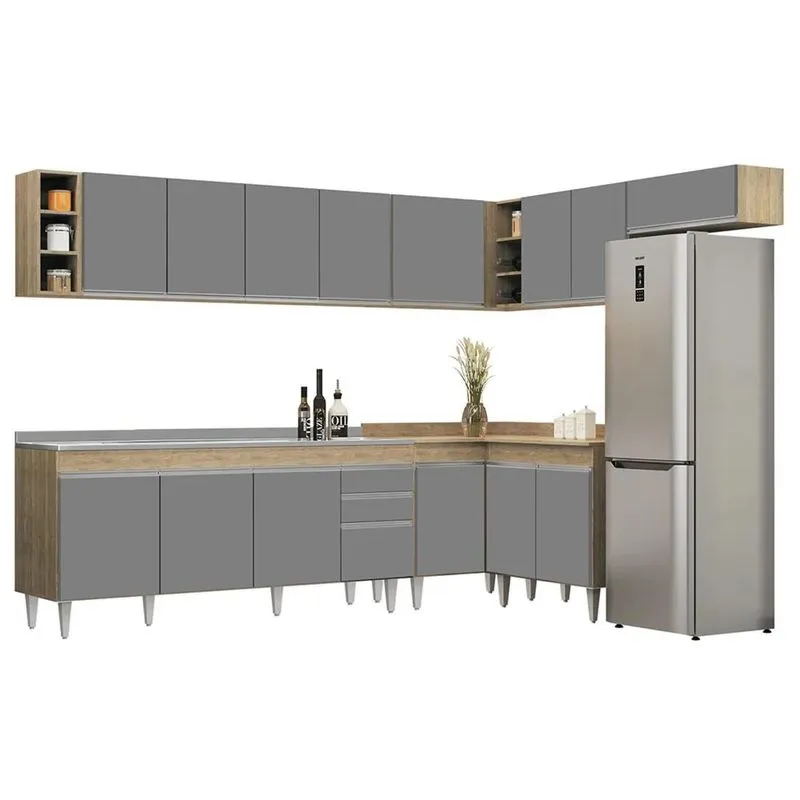 Armário De Cozinha Modulado De Canto 8 Peças Cp27 Com Pia Inox Castanho/cinza - Lumil