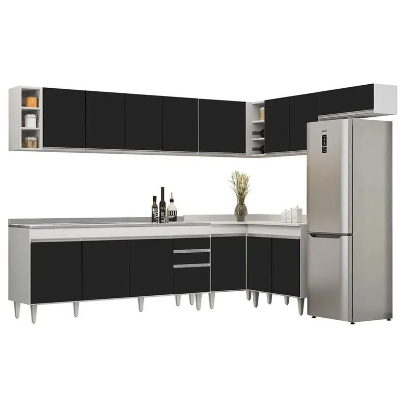 Armário De Cozinha Modulado De Canto 8 Peças Cp27 Com Pia Inox Branco/Preto - Lumil