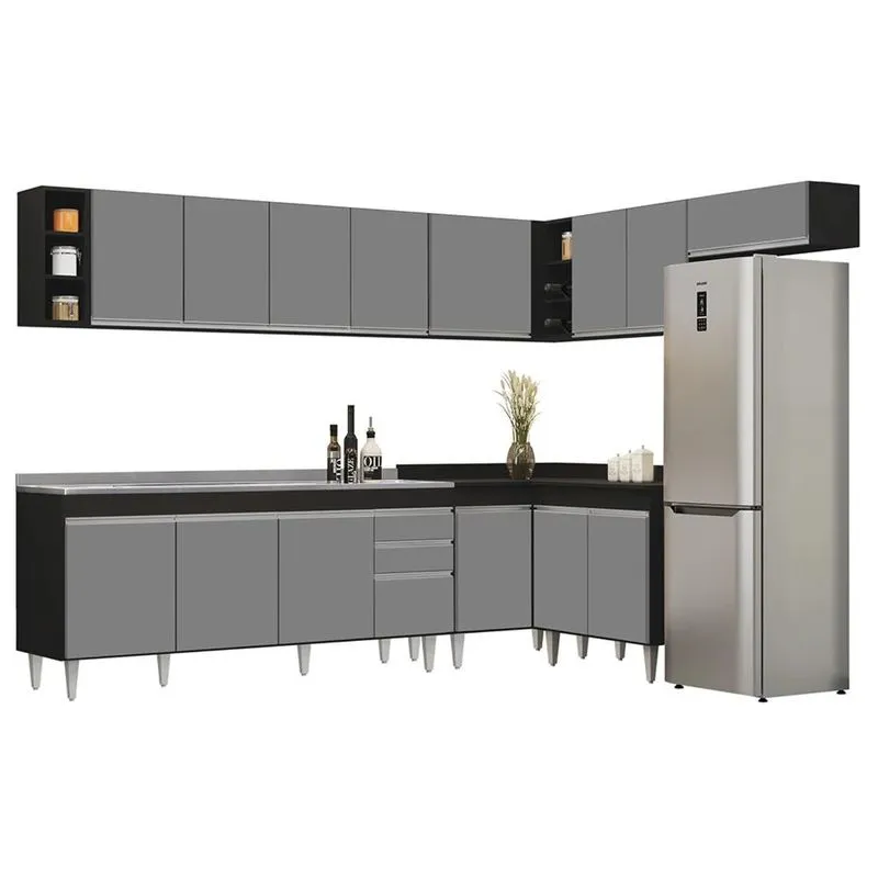 Armário De Cozinha Modulado De Canto 8 Peças Cp27 Com Pia Inox Preto/Cinza - Lumil