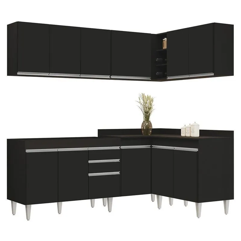 Armário De Cozinha Modulado De Canto 6 Peças Cp28 Balcão Sem Tampo Preto - Lumil