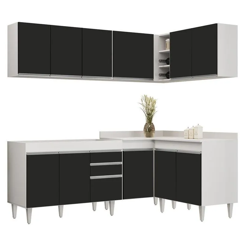 Armário De Cozinha Modulado De Canto 6 Peças Cp28 Balcão Sem Tampo Branco/preto - Lumil