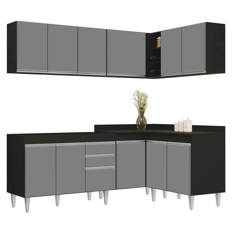 Armário De Cozinha Modulado De Canto 6 Peças Cp28 Balcão Sem Tampo Preto/cinza - Lumil