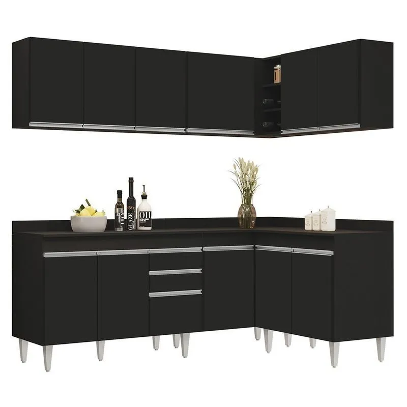 Armário De Cozinha Modulado De Canto 6 Peças Cp29 Balcão Com Tampo Preto - Lumil