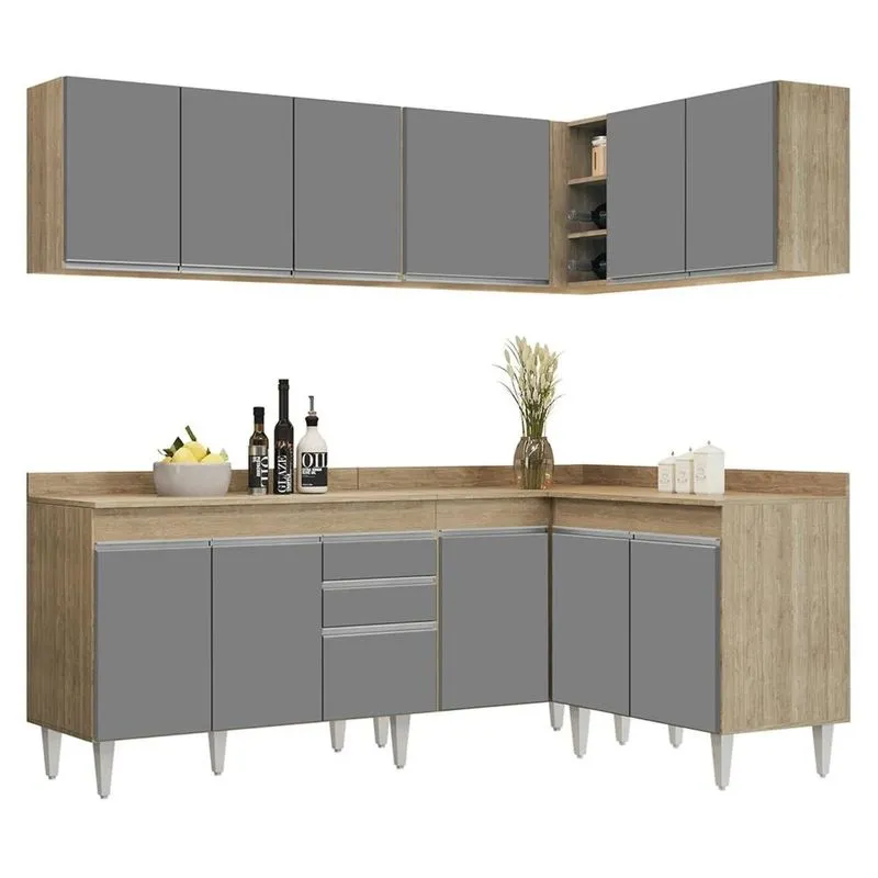 Armário De Cozinha Modulado De Canto 6 Peças Cp29 Balcão Com Tampo Castanho/cinza - Lumil