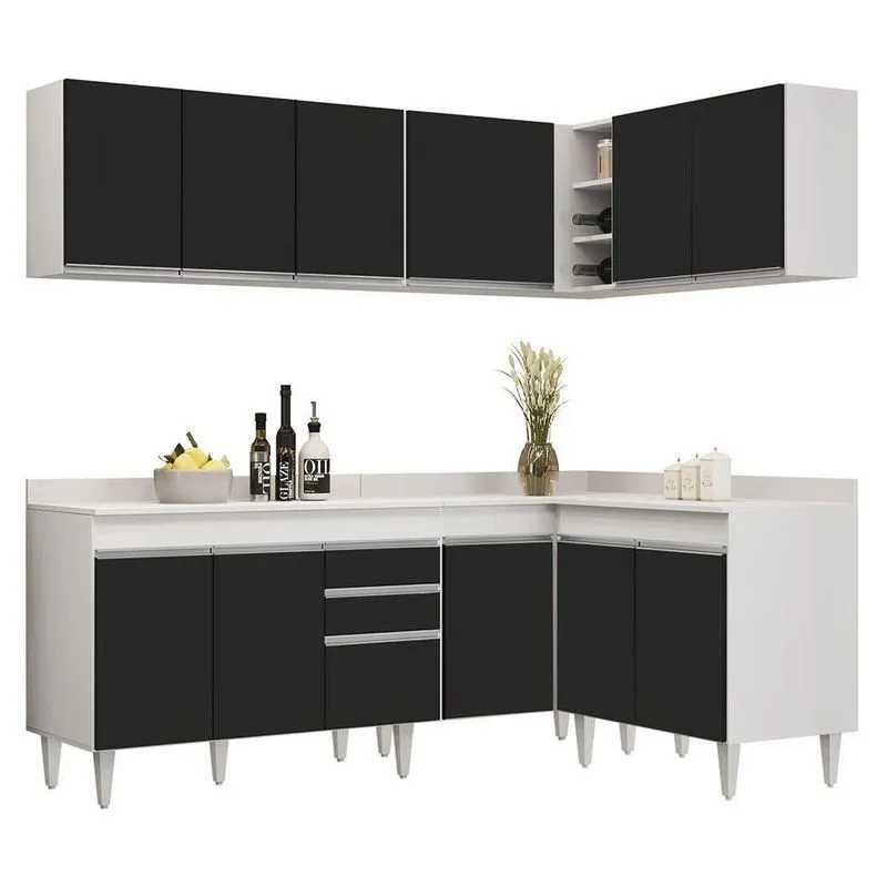 Armário De Cozinha Modulado De Canto 6 Peças Cp29 Balcão Com Tampo Branco-preto - Lumil