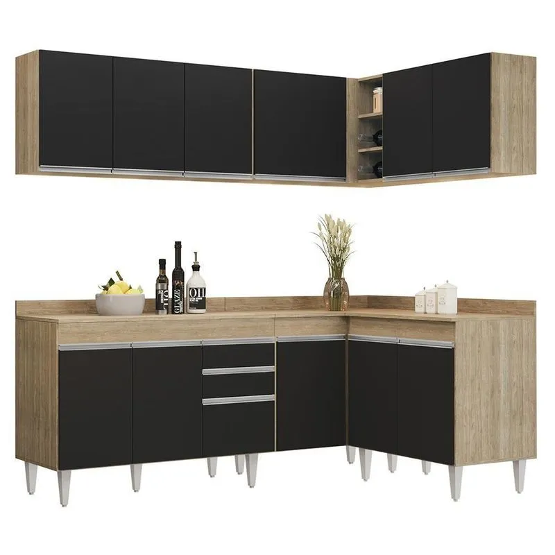 Armário De Cozinha Modulado De Canto 6 Peças Cp29 Balcão Com Tampo Castanho/preto - Lumil