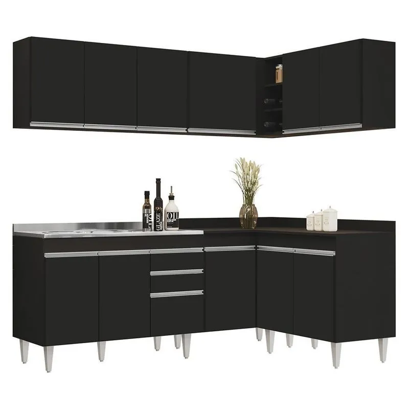 Armário De Cozinha Modulado De Canto 6 Peças Cp30 Com Pia Inox Preto - Lumil