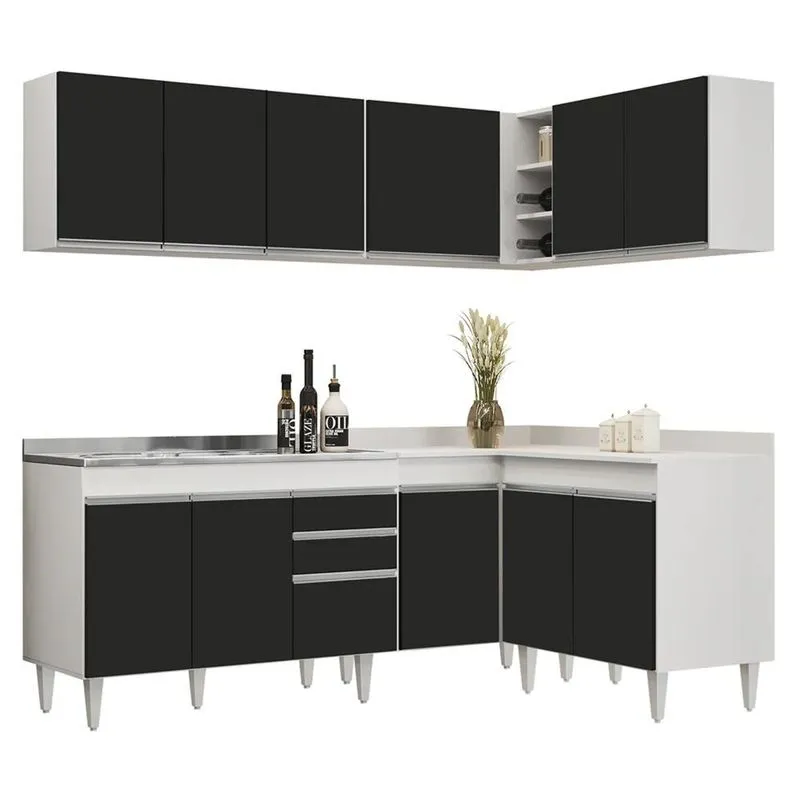 Armário De Cozinha Modulado De Canto 6 Peças Cp30 Com Pia Inox Branco/Preto - Lumil