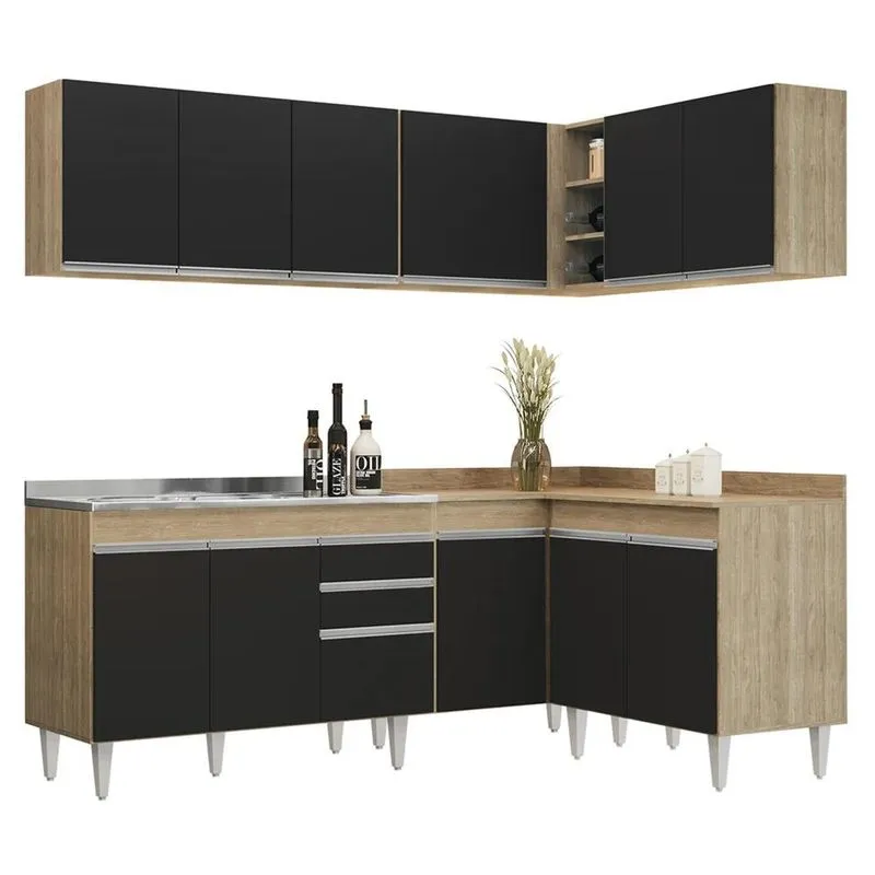 Armário De Cozinha Modulado De Canto 6 Peças Cp30 Com Pia Inox Castanho/Preto - Lumil