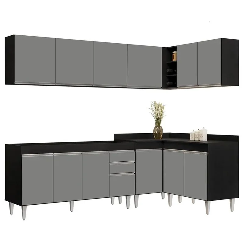 Armário De Cozinha Modulado De Canto 6 Peças Cp31 Balcão Sem Tampo Preto/Cinza - Lumil