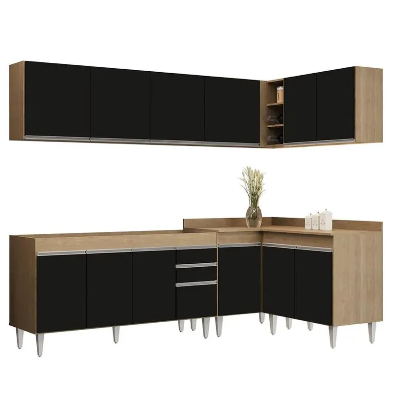 Armário De Cozinha Modulado De Canto 6 Peças Cp31 Balcão Sem Tampo Castanho/Preto - Lumil
