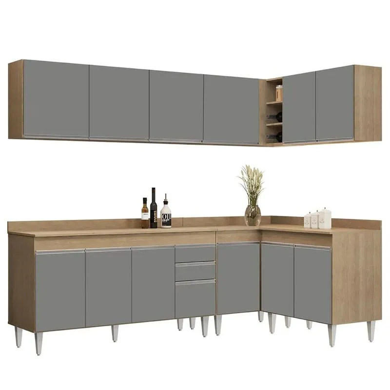 Armário De Cozinha Modulado De Canto 6 Peças Cp32 Balcão Com Tampo Castanho/cinza - Lumil