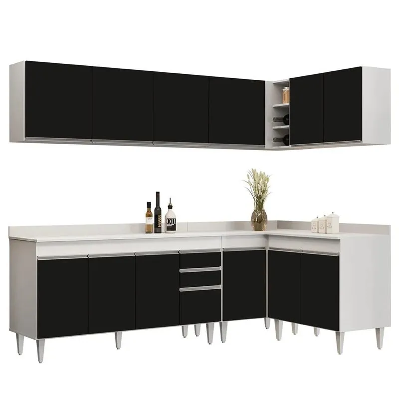 Armário De Cozinha Modulado De Canto 6 Peças Cp32 Balcão Com Tampo Branco/Preto - Lumil