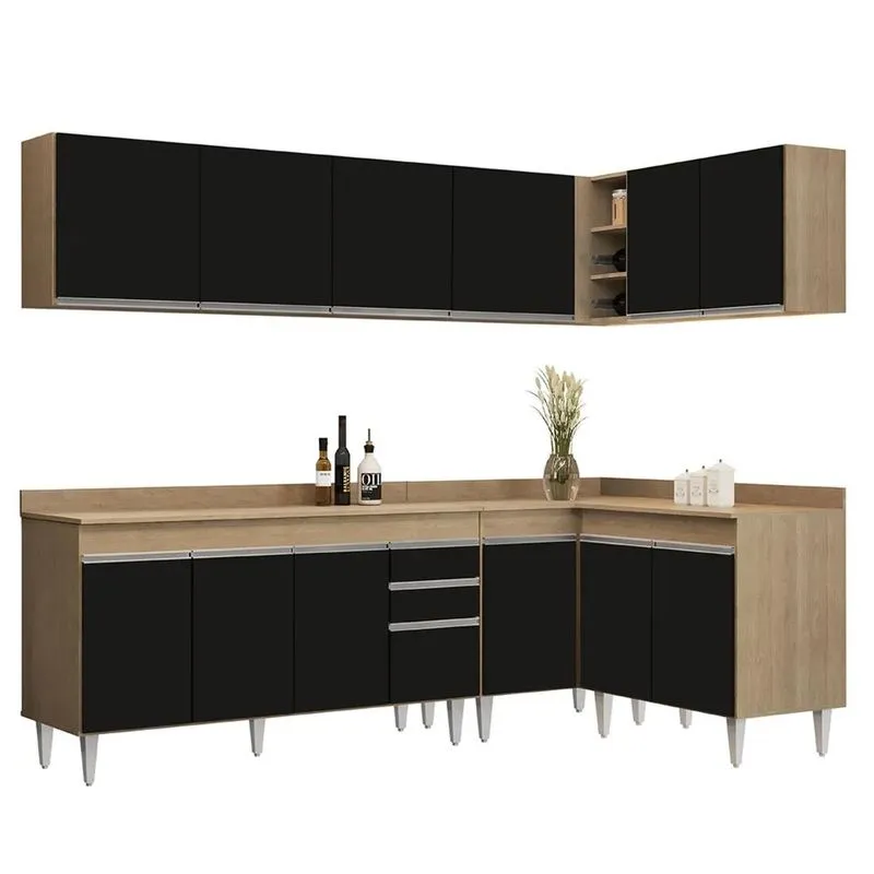 Armário De Cozinha Modulado De Canto 6 Peças Cp32 Balcão Com Tampo Castanho/Preto - Lumil