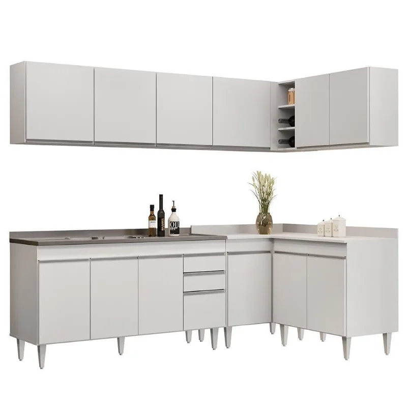 Armário De Cozinha Modulado De Canto 6 Peças Cp33 Com Pia Inox Branco - Lumil