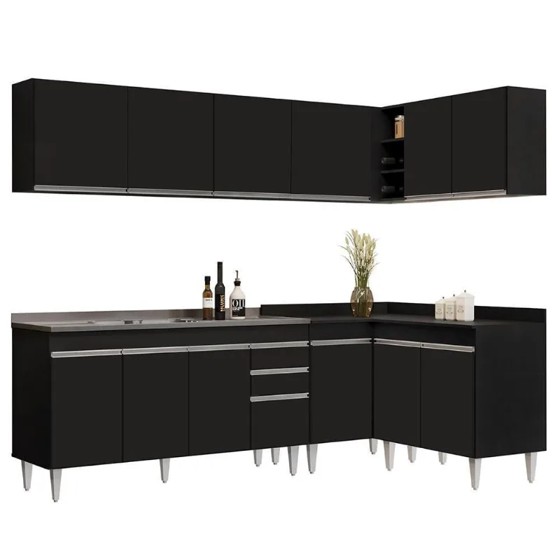 Armário De Cozinha Modulado De Canto 6 Peças Cp33 Com Pia Inox Preto - Lumil