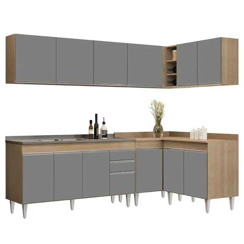 Armário De Cozinha Modulado De Canto 6 Peças Cp33 Com Pia Inox Castanho/cinza - Lumil