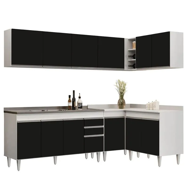 Armário De Cozinha Modulado De Canto 6 Peças Cp33 Com Pia Inox Branco/Preto - Lumil