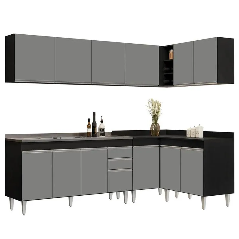 Armário De Cozinha Modulado De Canto 6 Peças Cp33 Com Pia Inox Preto/cinza - Lumil