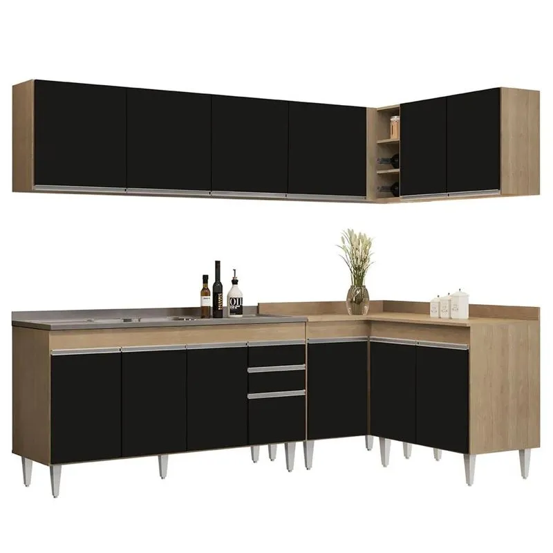 Armário De Cozinha Modulado De Canto 6 Peças Cp33 Com Pia Inox Castanho/Preto - Lumil