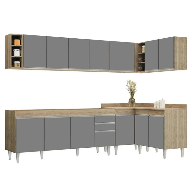 Armário De Cozinha Modulado De Canto 7 Peças Cp34 Balcão Sem Tampo Castanho/Cinza - Lumil