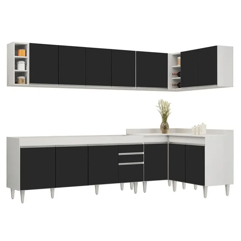Armário De Cozinha Modulado De Canto 7 Peças Cp34 Balcão Sem Tampo Branco/Preto - Lumil