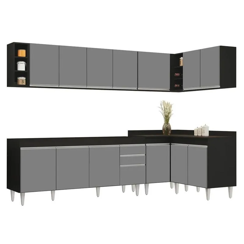 Armário De Cozinha Modulado De Canto 7 Peças Cp34 Balcão Sem Tampo Preto/cinza - Lumil
