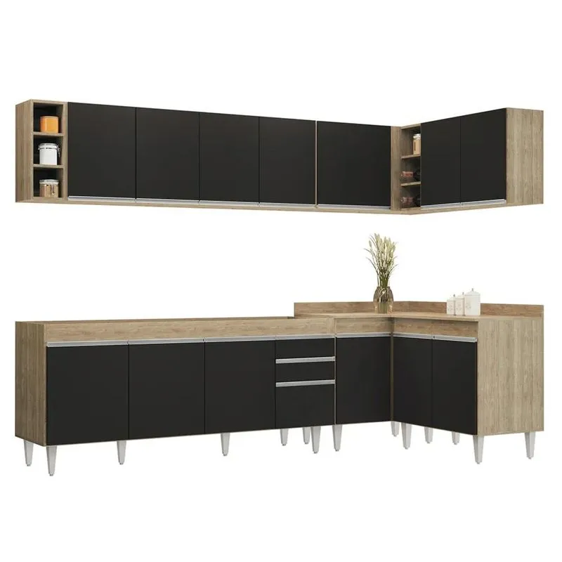 Armário De Cozinha Modulado De Canto 7 Peças Cp34 Balcão Sem Tampo Castanho/Preto - Lumil