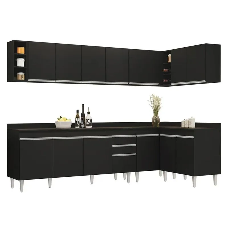Armário De Cozinha Modulado De Canto 7 Peças Cp35 Balcão Com Tampo Preto - Lumil