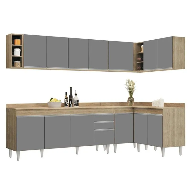 Armário De Cozinha Modulado De Canto 7 Peças Cp35 Balcão Com Tampo Castanho/Cinza - Lumil