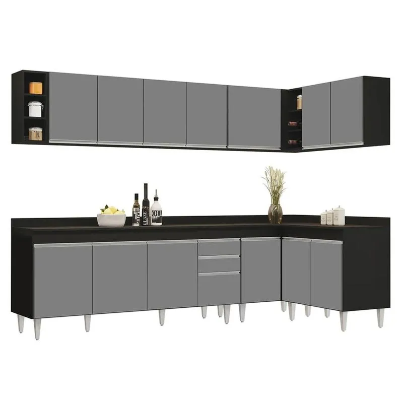 Armário De Cozinha Modulado De Canto 7 Peças Cp35 Balcão Com Tampo Preto/Cinza - Lumil