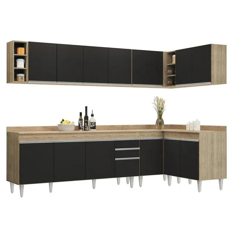 Armário De Cozinha Modulado De Canto 7 Peças Cp35 Balcão Com Tampo Castanho/Preto - Lumil