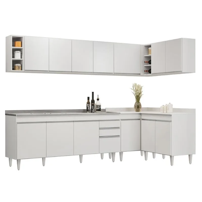 Armário De Cozinha Modulado De Canto 7 Peças Cp36 Com Pia Inox Branco - Lumil