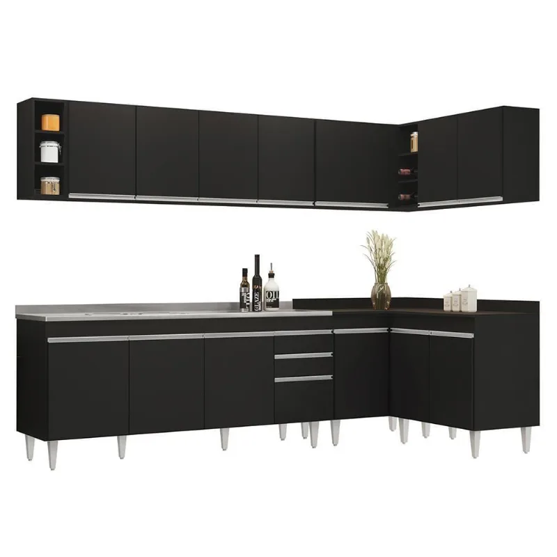 Armário De Cozinha Modulado De Canto 7 Peças Cp36 Com Pia Inox Preto - Lumil