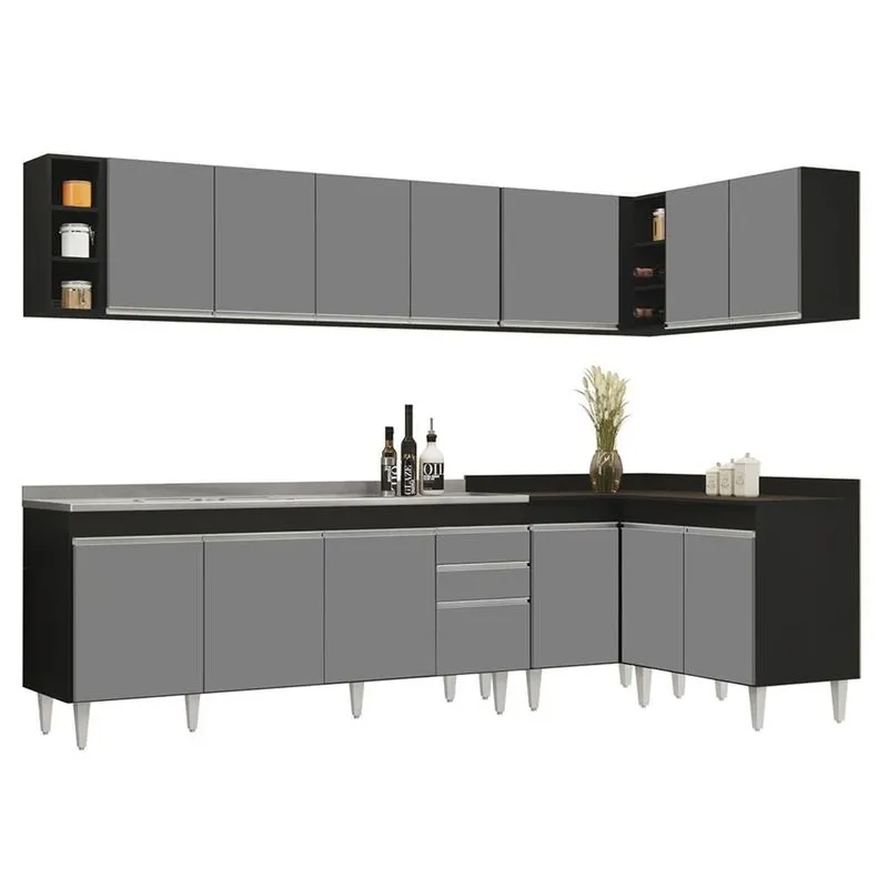 Armário De Cozinha Modulado De Canto 7 Peças Cp36 Com Pia Inox Preto/cinza - Lumil