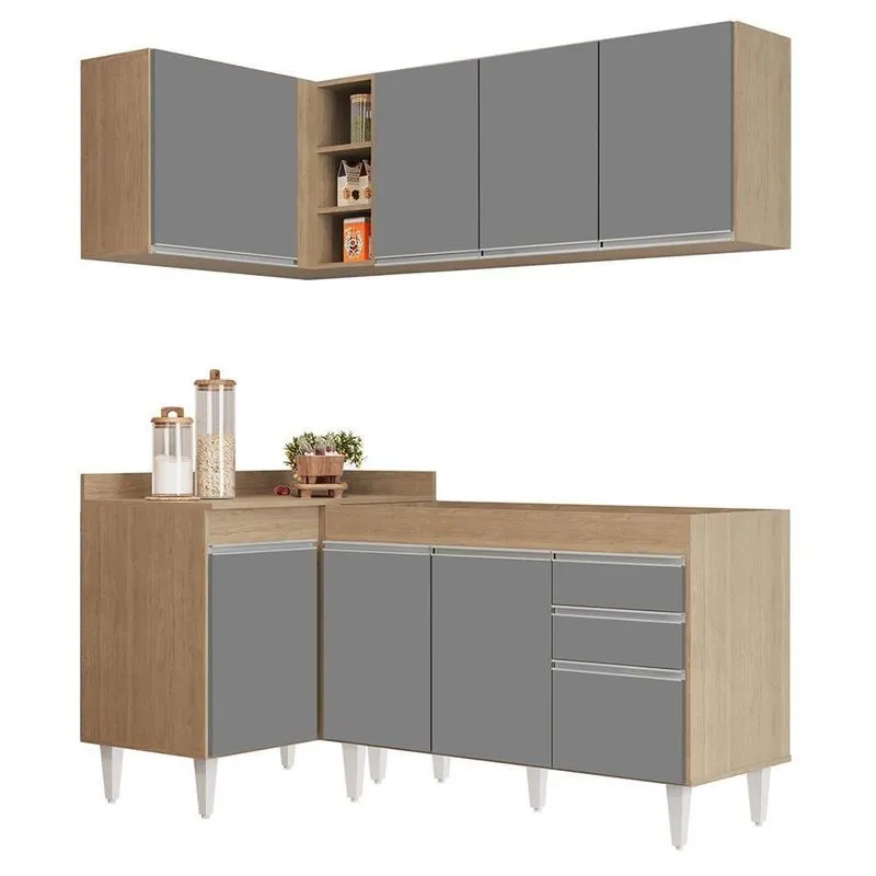 Armário De Cozinha Modulado De Canto Direito 4 Peças Cp37 Balcão Sem Tampo Castanho/cinza - Lumil