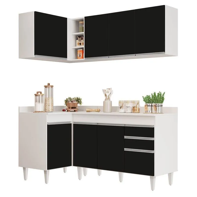 Armário De Cozinha Modulado De Canto Direito 4 Peças Cp38 Balcão Com Tampo Branco-preto - Lumil