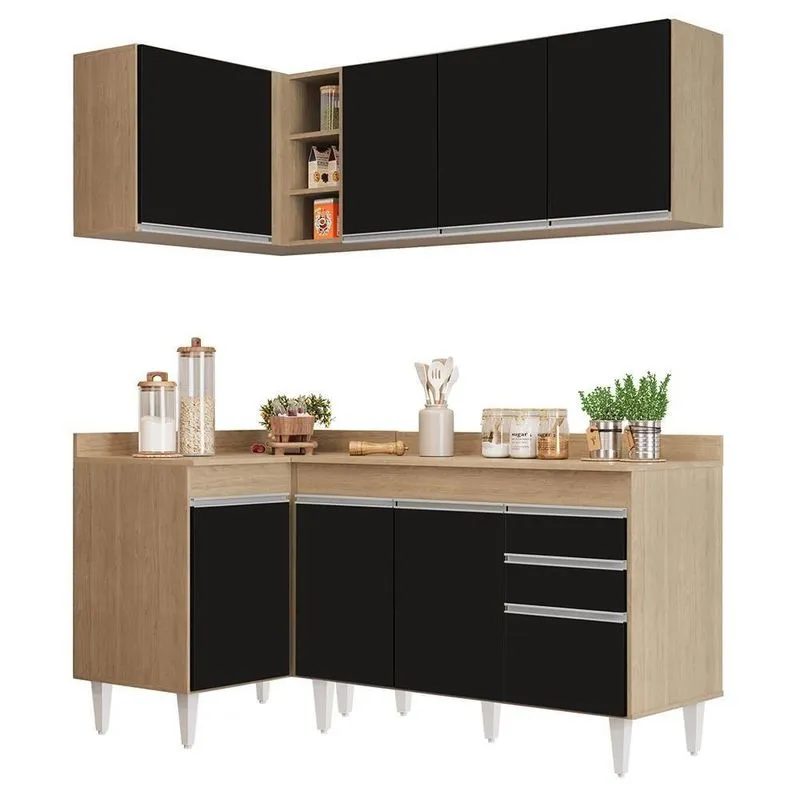 Armário De Cozinha Modulado De Canto Direito 4 Peças Cp38 Balcão Com Tampo Castanho/preto - Lumil