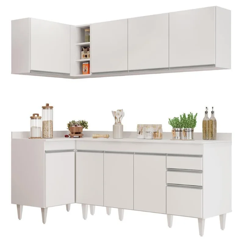 Armário De Cozinha Modulado De Canto Direito 4 Peças Cp41 Balcão Com Tampo Branco - Lumil