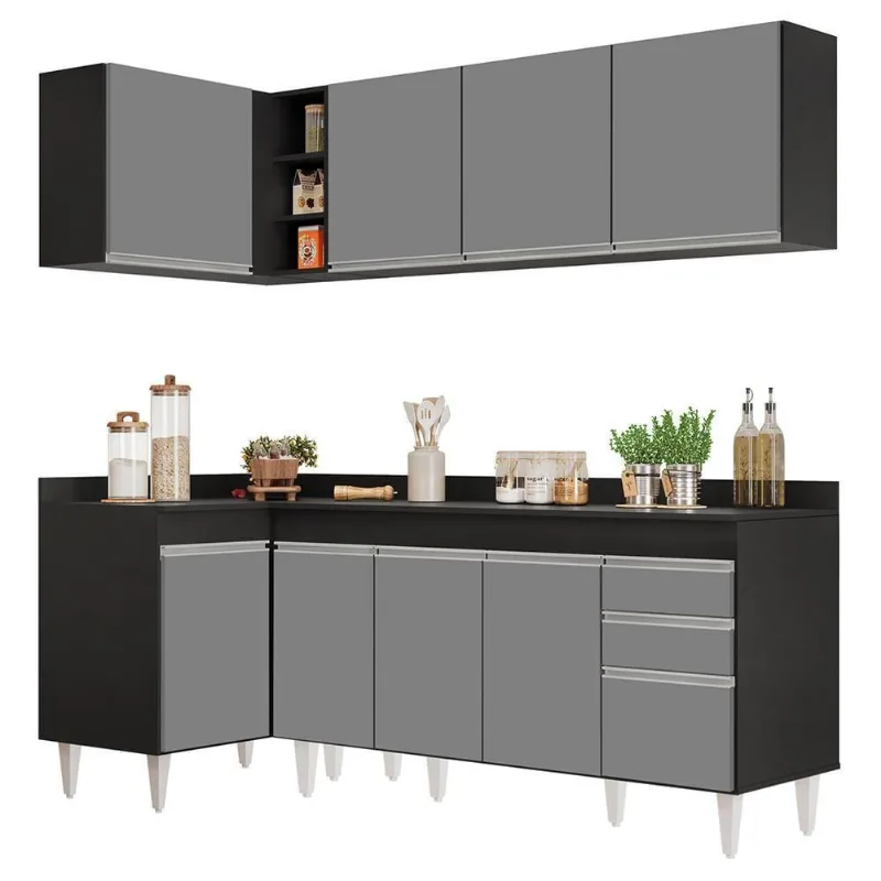Armário De Cozinha Modulado De Canto Direito 4 Peças Cp41 Balcão Com Tampo Preto-cinza - Lumil