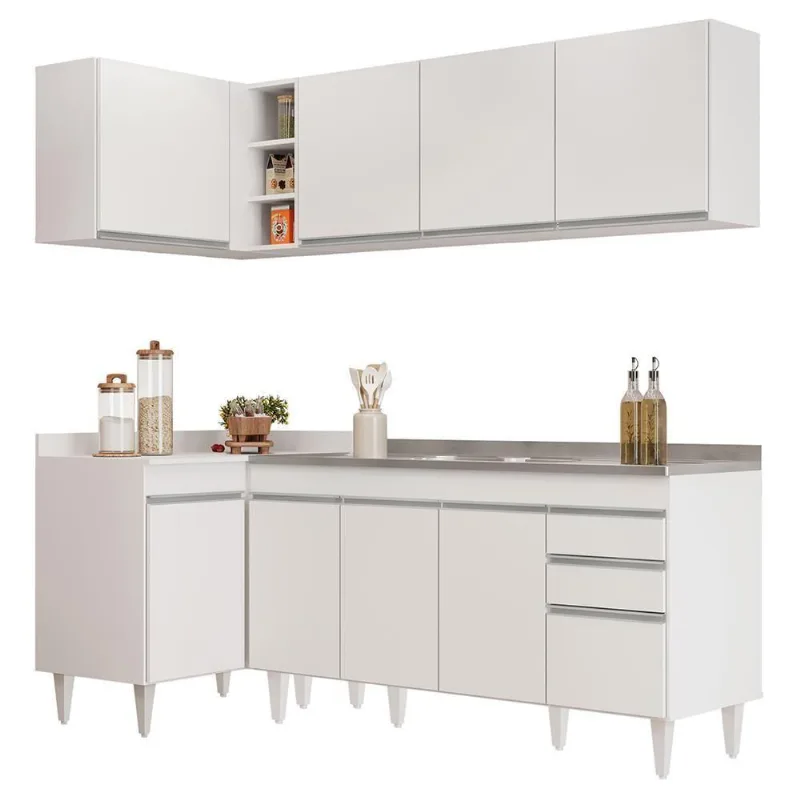 Armário De Cozinha Modulado De Canto Direito 4 Peças Cp42 Com Pia Inox Branco - Lumil