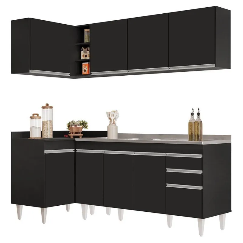 Armário De Cozinha Modulado De Canto Direito 4 Peças Cp42 Com Pia Inox Preto - Lumil